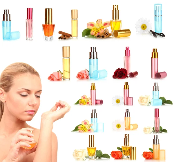 Collage de mujer hermosa y perfumes de lujo — Foto de Stock