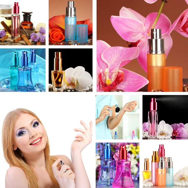 Collage of beautiful women and luxury perfumes — Stock Photo, Image