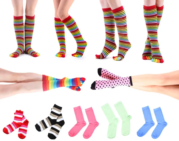 Collage of female legs in colorful socks and socks — Stock Photo, Image