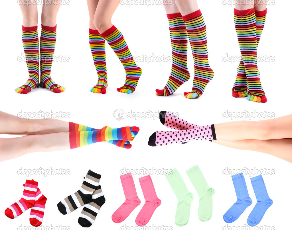 Collage of female legs in colorful socks and socks