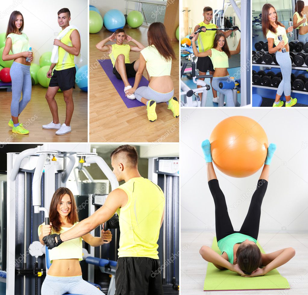 Collage of young people working out in gym