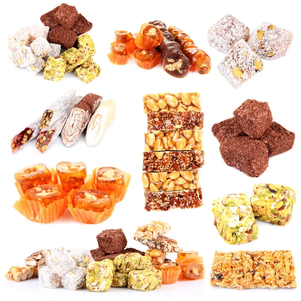 Leckere orientalische Süßigkeiten Collage isoliert auf Weiß — Stockfoto