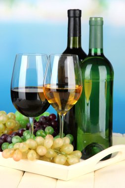 şarap şişe ve kadeh şarap parlak zemin üzerine tepsi