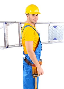 erkek üzerinde beyaz izole sarı kask oluşturucu