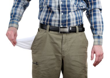 adam boş cebine beyaz izole gösterilen