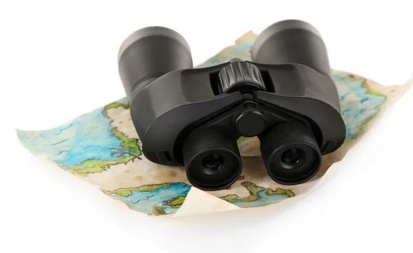 Black modern binoculars with map of adventure isolated on white — Stock Photo, Image