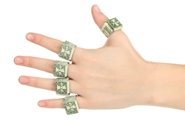 Dólares doblados en anillos en la mano de la mujer aislado en blanco — Foto de Stock