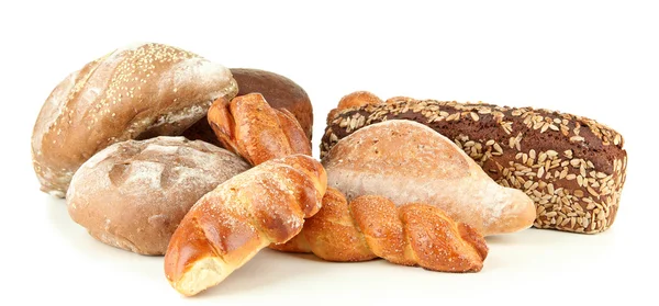 Samenstelling met brood en broodjes, geïsoleerd op wit — Stockfoto