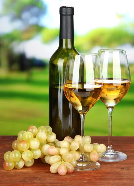 Uvas maduras, garrafa e copos de vinho, sobre fundo brilhante — Fotografia de Stock