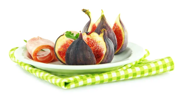 Tasty figs with ham, isolated on white — Stock Photo, Image