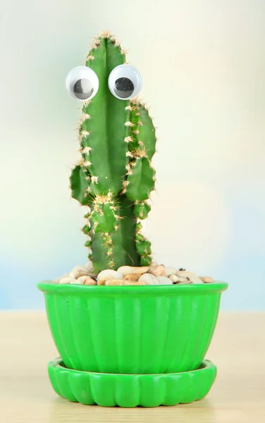 Kaktus i blomkruka med roliga ögon, på träbord — Stockfoto
