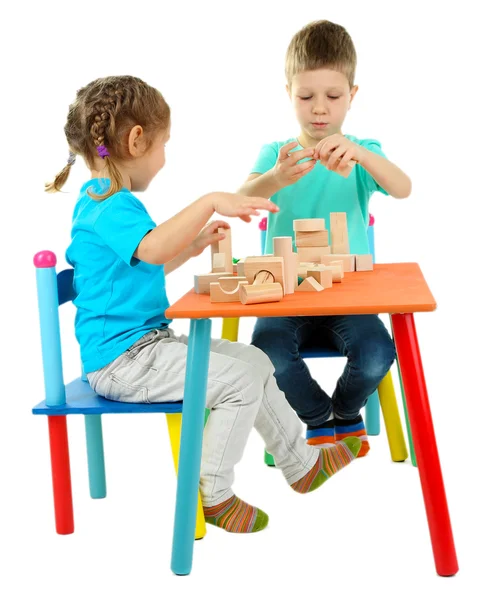 Little children playing with building blocks isolated on white — Stock Photo, Image