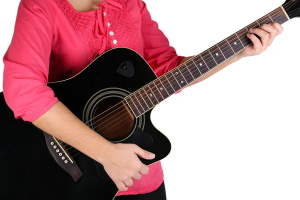 Acoustic guitar in female hands, isolated on white — Stock Photo, Image