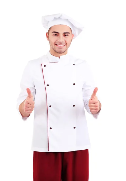 Professionele chef-kok in het witte uniform en hoed, geïsoleerd op wit — Stockfoto