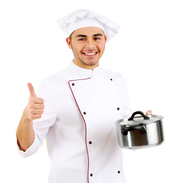 Chef professionnel en uniforme blanc et chapeau, tenant la casserole dans ses mains, isolé sur blanc — Photo