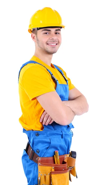 Construtor masculino em capacete amarelo isolado em branco — Fotografia de Stock