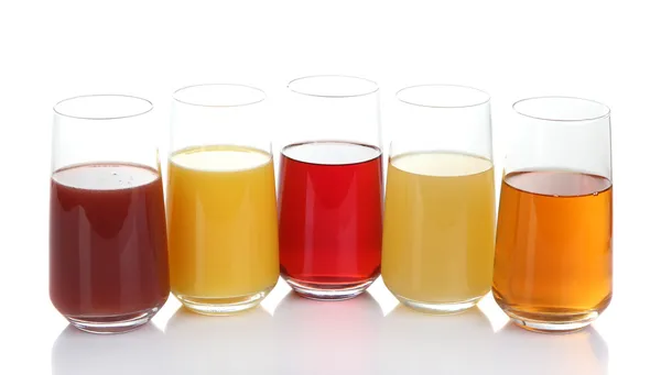 Variety of juices in glasses, isolated on white — Stock Photo, Image