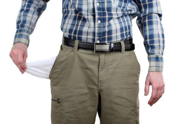 Homem mostrando seu bolso vazio isolado em branco — Fotografia de Stock