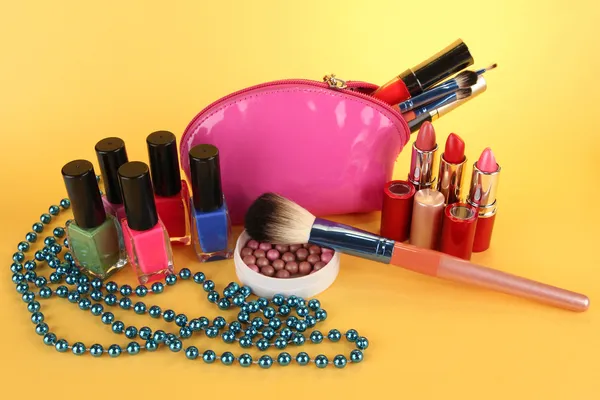 Cosmetics on yellow background — Stock Photo, Image