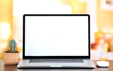 laptop ve ahşap masa üzerinde saksı kaktüs