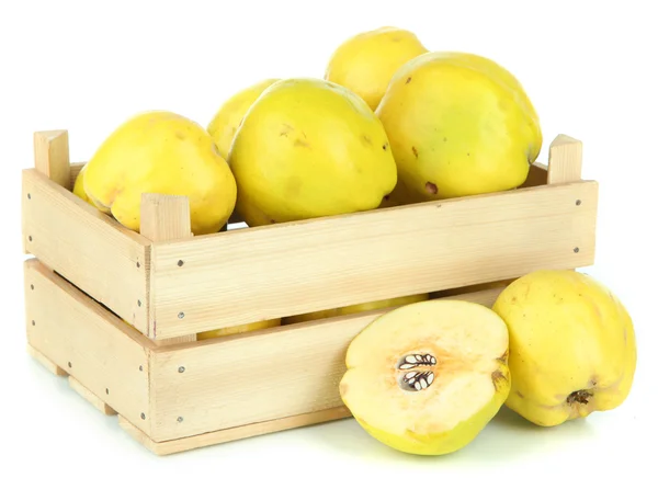 Sweet quinces in wooden box isolated on white — Stock Photo, Image
