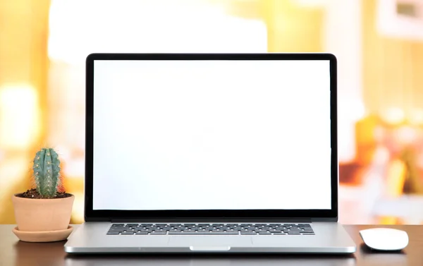 Laptop e cactus in vaso da fiori su tavolo in legno — Foto Stock