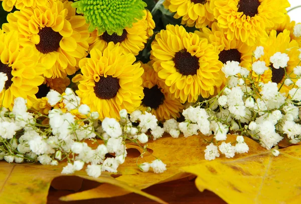 Красивые цветы с желтыми листьями на столе вблизи — стоковое фото