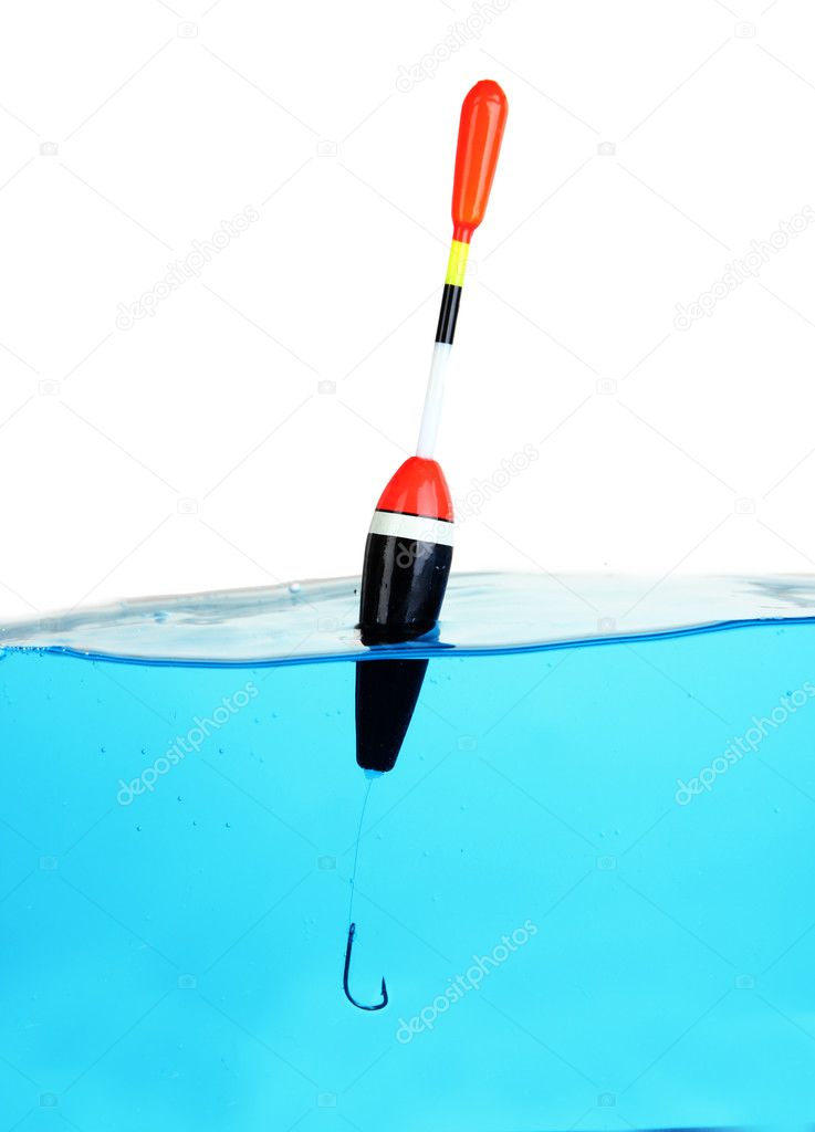 Fishing float in water isolated on white