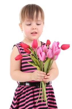 güzel küçük bir kız üzerinde beyaz izole buket holding