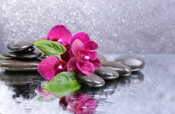 Composición con hermosa orquídea floreciente con gotas de agua y piedras de spa, sobre fondo de color claro — Foto de Stock