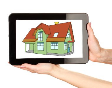 proje üzerinde beyaz izole kadın el tablet bir ev tutarak kroki