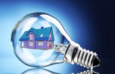 lamp met huis schets project binnen op blauwe achtergrond