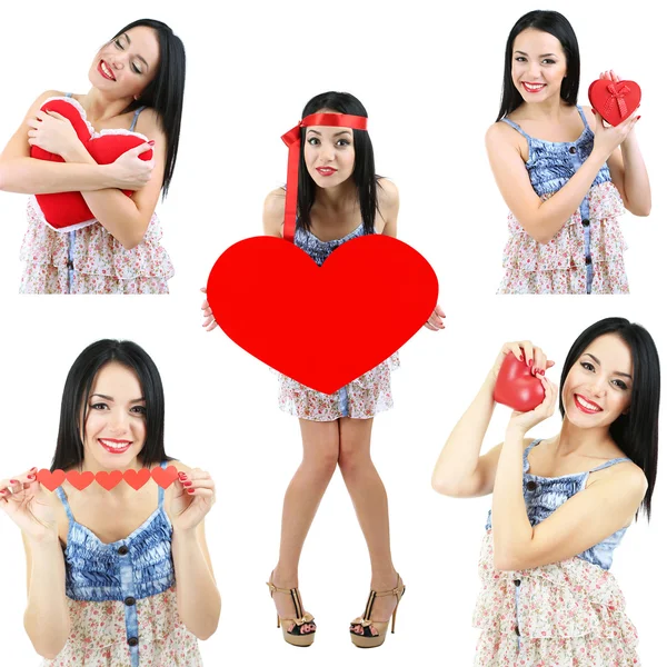 Collage van Valentijnsdag. aantrekkelijke jonge vrouw met hart. — Stockfoto