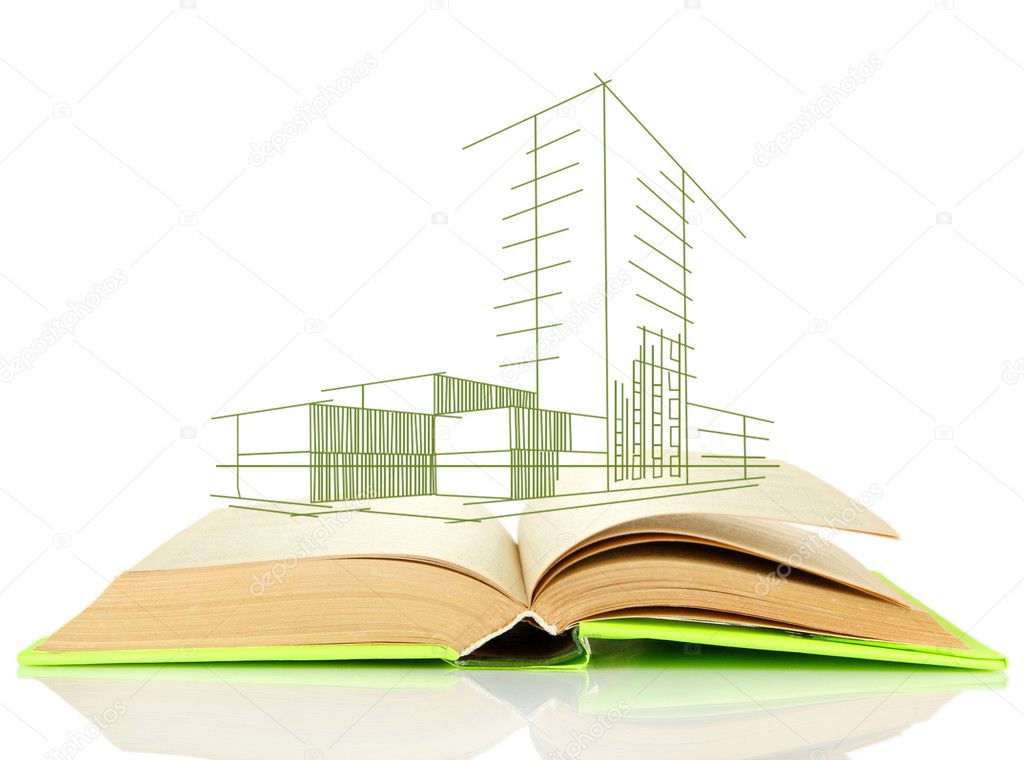 Book with house sketch project isolated on white