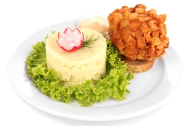 tavuk kiev üzerinde kruton üzerinde beyaz izole patates püresi ile