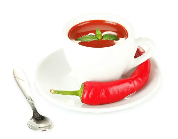 White cup with hot chocolate and chili pepper isolated on white — Stock Photo, Image