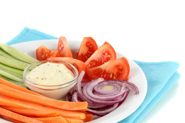 Assorted raw vegetables sticks in plate isolated on white — Stock Photo, Image