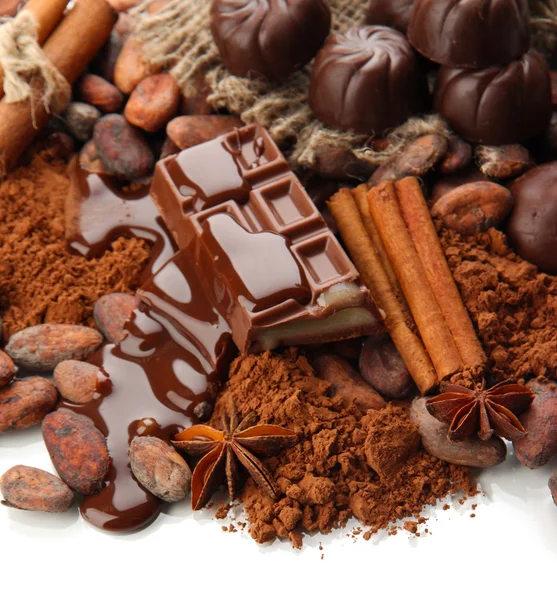 Composition of chocolate sweets, cocoa and spices, isolated on white — Stock Photo, Image