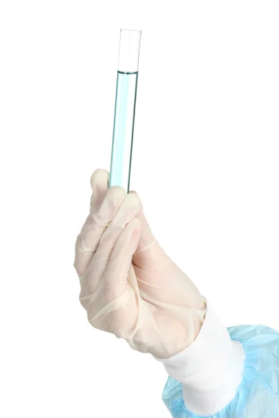 Tubo di vetro con fluido in mano scienziato durante test medico isolato su bianco — Foto Stock