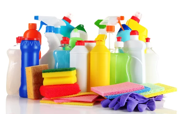 Different kinds of house cleaners and colorful sponges, gloves isolated on white — Stock Photo, Image