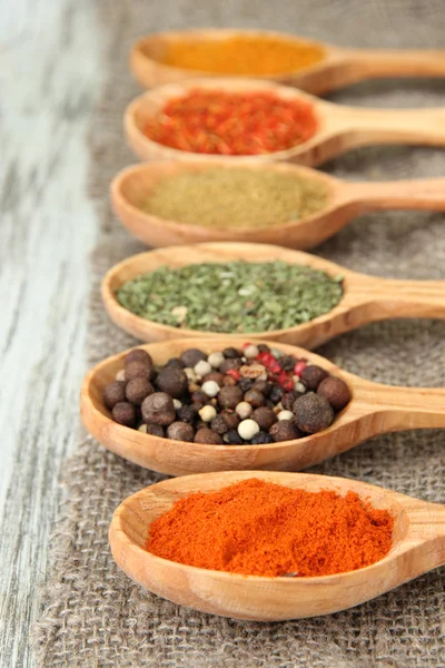 Assortment of spices in wooden spoons on wooden background — Stock Photo, Image