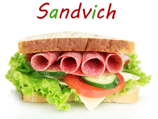 Смачний бутерброд з салямі ковбасою та овочами, ізольовані на білому — стокове фото