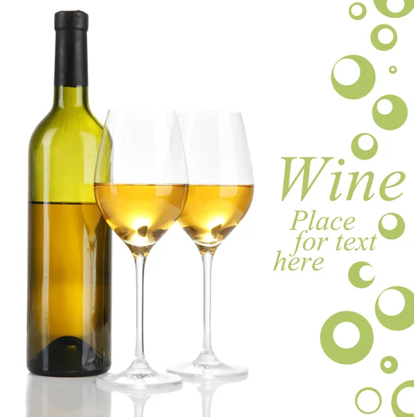 Wine bottle and wineglasses with white wine, isolated on white — Stock Photo, Image