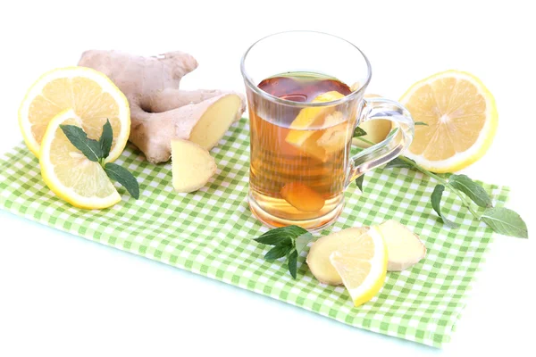 Cup of tea with ginger on napkin isolated on white — Stock Photo, Image