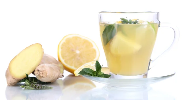 Cup of tea with ginger isolated on white — Stock Photo, Image