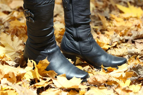 Patas femeninas sobre hojas amarillas fondo en parque — Foto de Stock