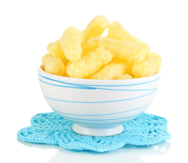 Air corn sticks in bowl isolated on white — Stock Photo, Image