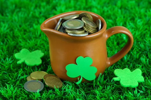 Pitcher with coins on grass close-up — Stock Photo, Image