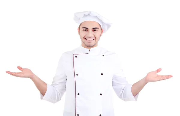 Chef profissional em uniforme branco e chapéu, isolado em branco — Fotografia de Stock