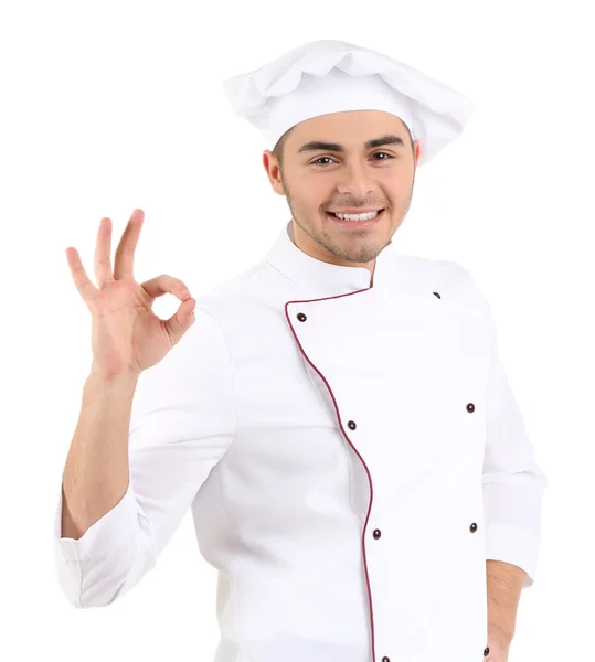Chef profissional em uniforme branco e chapéu, isolado em branco — Fotografia de Stock